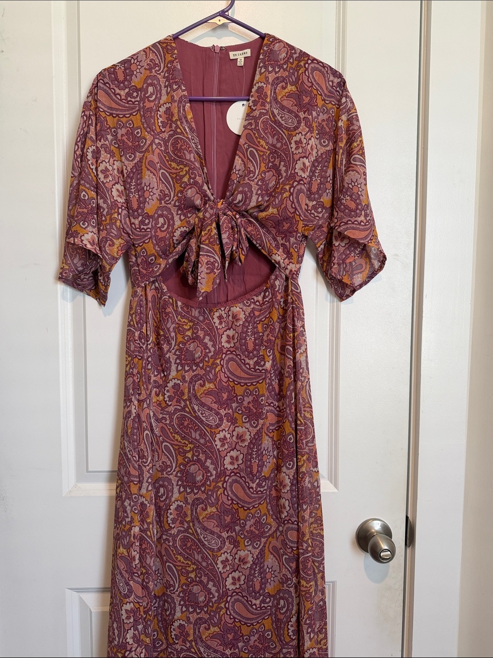 Tie-Front Paisley Maxi Dress in Mauve and Mustard